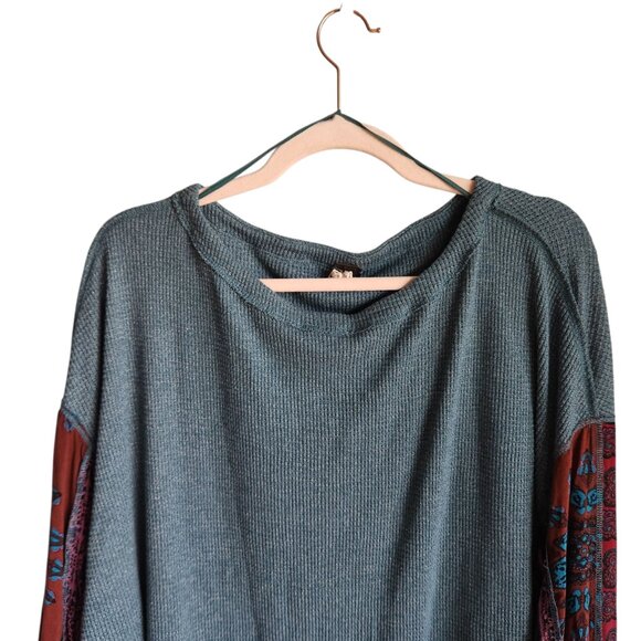 Free People Sweater Large Teal Green Blue Women's Mixed Media Top Boho Shirt - Picture 2 of 9
